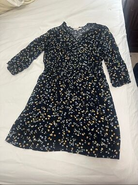 LOFT Plus 16 Navy Knee length V neck Dress w/ Yellow & Light Blue Floral Print
